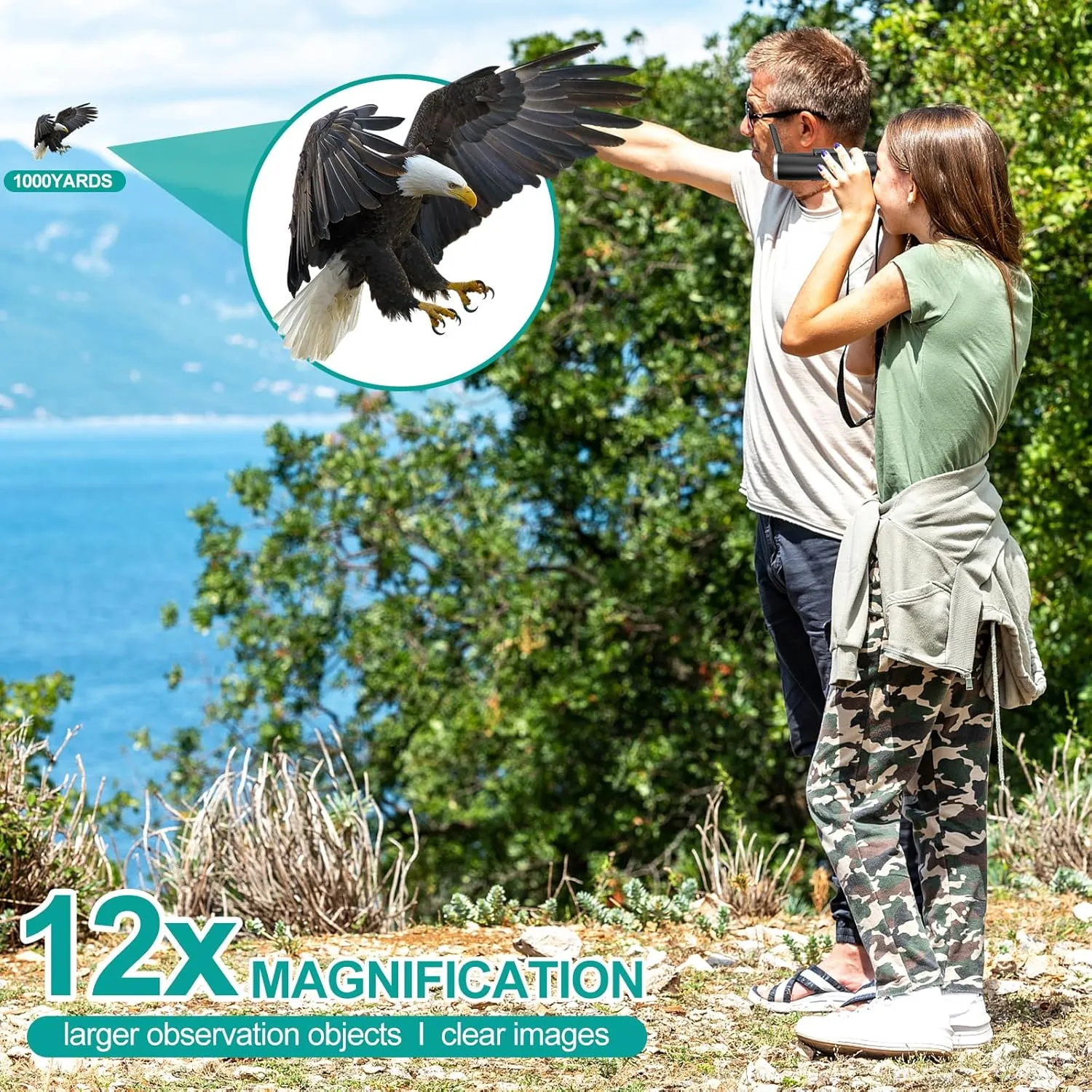 12x32 Large View Binoculars with Camera, FMC & BAK4 Prism Binoculars for Adults High Powered, 2" LCD Display 5MP 1080P Video Photo Recorder for Bird Watching Hunting, with 32GB Card, Silver