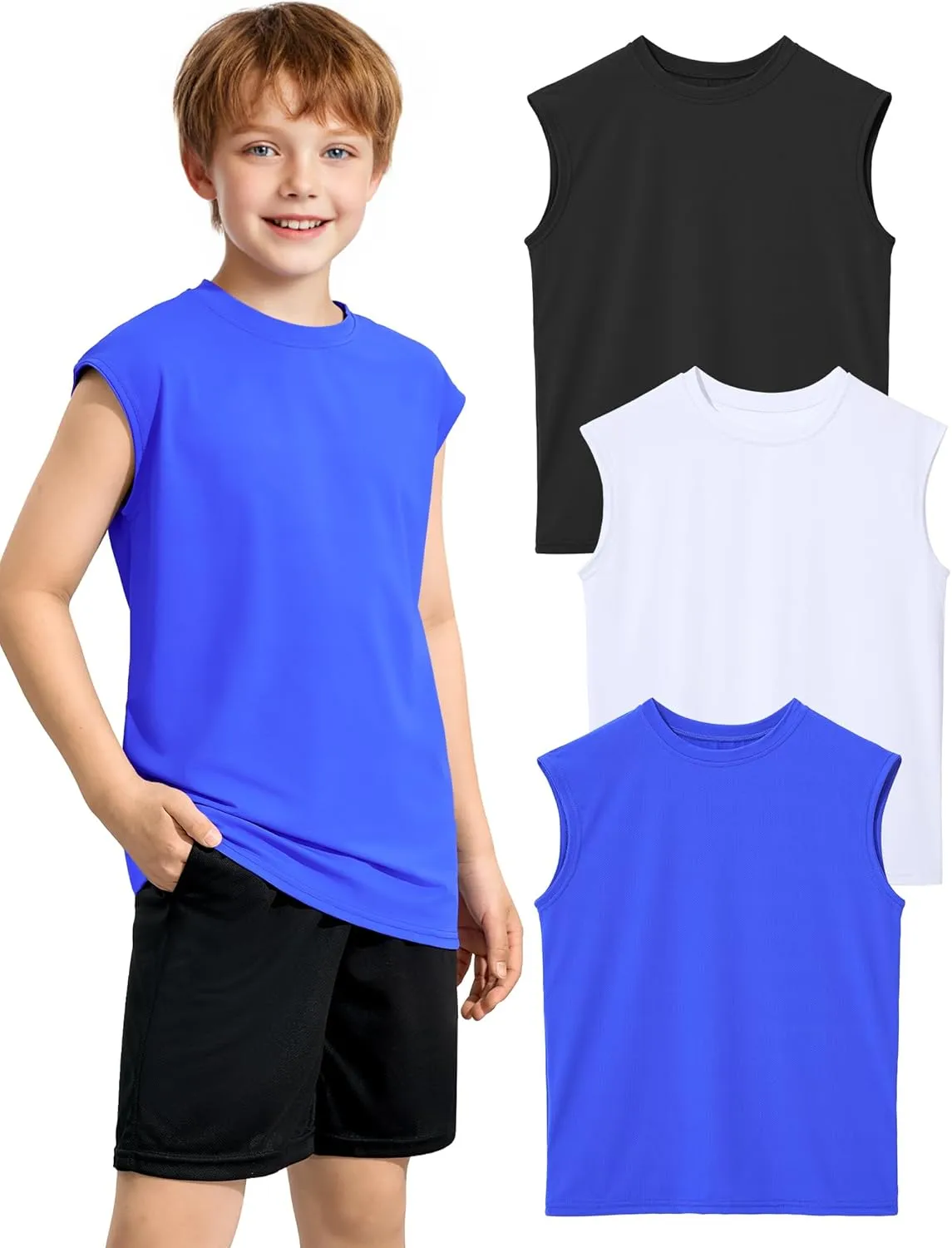 3 Packs Boys Athletic Tank Tops Breathable Mesh Undershirts Quick Dry Sleeveless Muscle T-Shirts for Kids