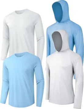 4 Pack Mens Sun Protection Long Sleeve Shirts/Hoodies Rash Guard UPF UV Gear for Fishing Workout Outdoor Adventures