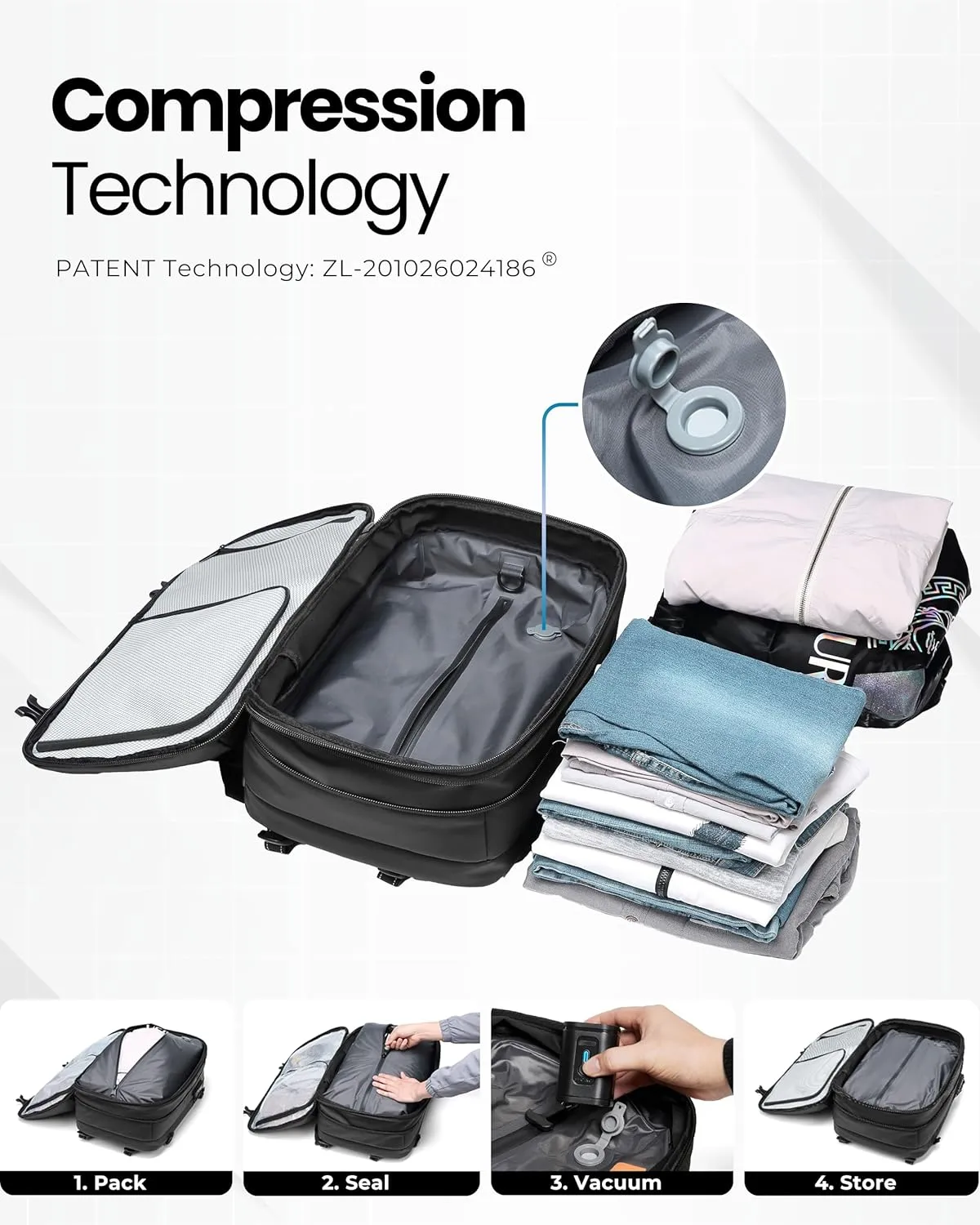 AirVault Vacuum Seal Travel Backpack 60L - Expandable Air Compression Vacuum System, Airback, Vacpack, Water-Resistant, Carry-On with TSA Lock Fits 19" Laptop, Backvac (Gray)