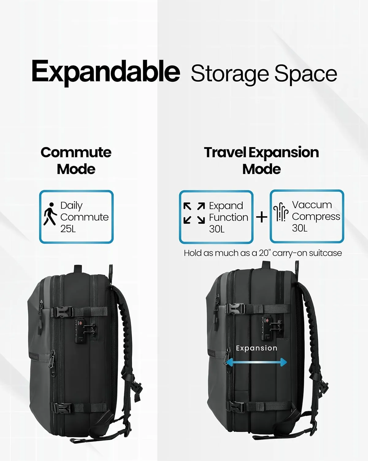 AirVault Vacuum Seal Travel Backpack 60L - Expandable Air Compression Vacuum System, Airback, Vacpack, Water-Resistant, Carry-On with TSA Lock Fits 19" Laptop, Backvac (Gray)