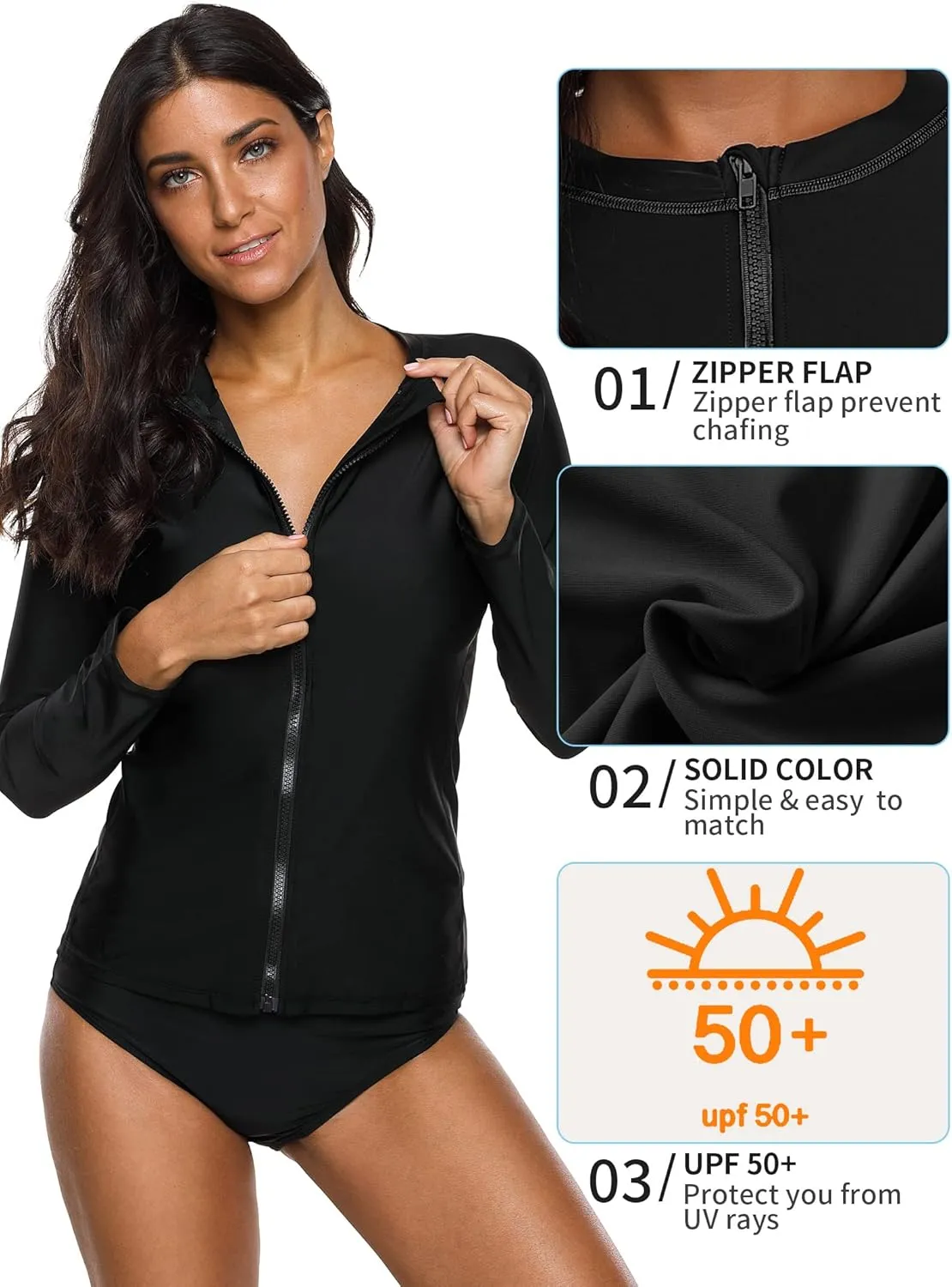 ATTRACO Women's Rashguard Swimsuit Zip Front Sun Protection Swim Shirt UPF 50 
