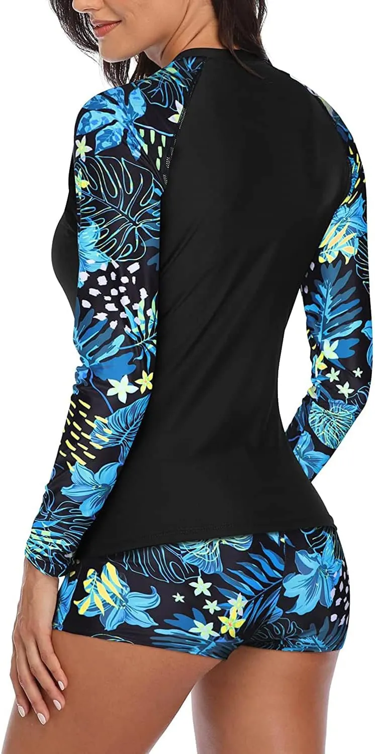 Daci Women Two Piece Rash Guard Long Sleeve Swimsuits UV UPF 50  Swim Shirt Bathing Suit with Boyshort Bottom
