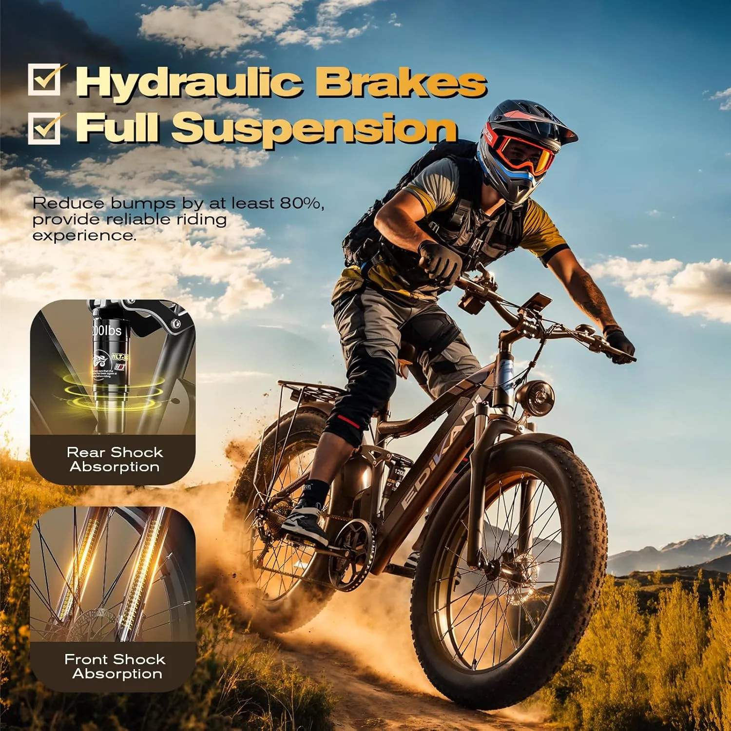 Electric Bike, Peak 2000W 19.2Ah/17.5Ah Fat Tire Ebike for Adults, 35mph 70 Miles Electric Bicycle for Men with Hydraulic Brakes, Color Display, Full Suspension Off Road Mountain E Bike