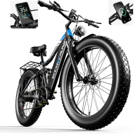 Electric Bike, Peak 2000W 19.2Ah/17.5Ah Fat Tire Ebike for Adults, 35mph 70 Miles Electric Bicycle for Men with Hydraulic Brakes, Color Display, Full Suspension Off Road Mountain E Bike