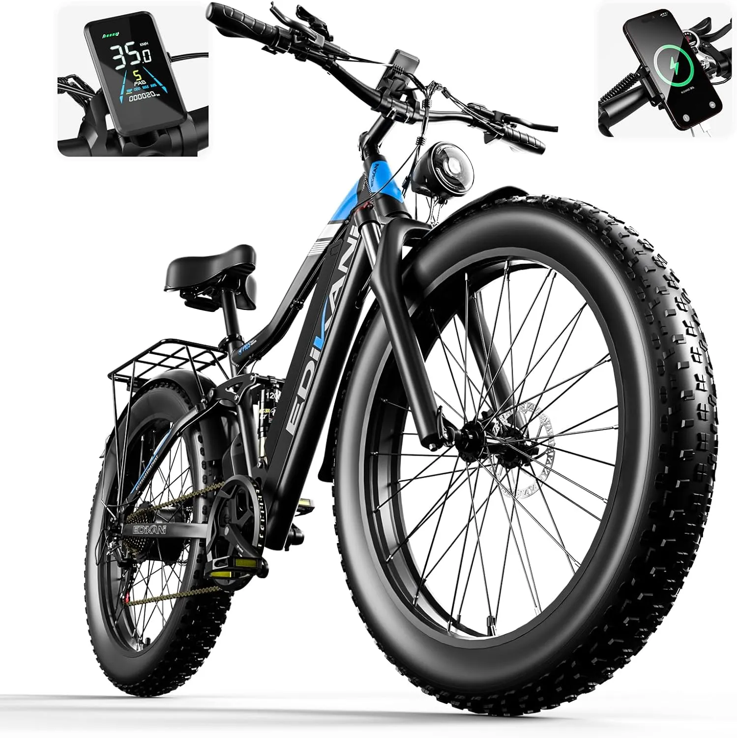 Electric Bike, Peak 2000W 19.2Ah/17.5Ah Fat Tire Ebike for Adults, 35mph 70 Miles Electric Bicycle for Men with Hydraulic Brakes, Color Display, Full Suspension Off Road Mountain E Bike