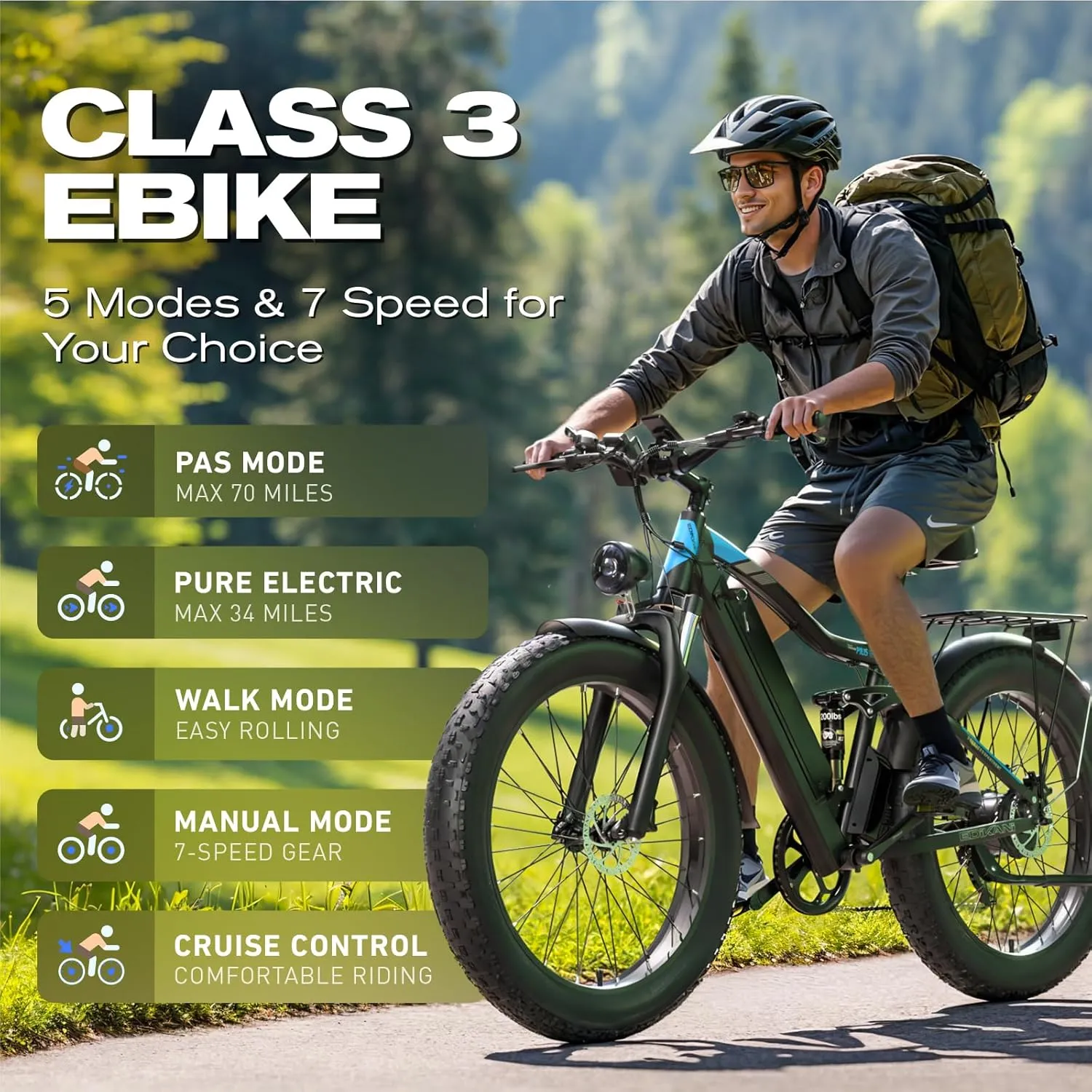 Electric Bike, Peak 2000W 19.2Ah/17.5Ah Fat Tire Ebike for Adults, 35mph 70 Miles Electric Bicycle for Men with Hydraulic Brakes, Color Display, Full Suspension Off Road Mountain E Bike
