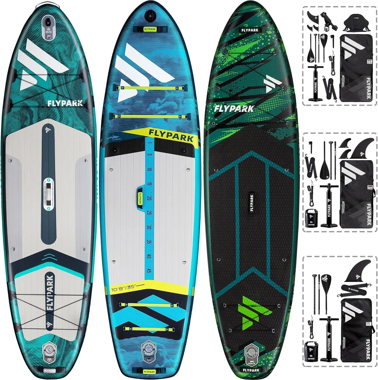 Fishing & Family & Standard Bundles34"/35" Extra Wide Inflatable SUP, 10'8" Fishing Stand Up Paddle Board   11' Family SUP Board  11' Thrive Couple SUP Board, Triple Accessories 116L Backpack