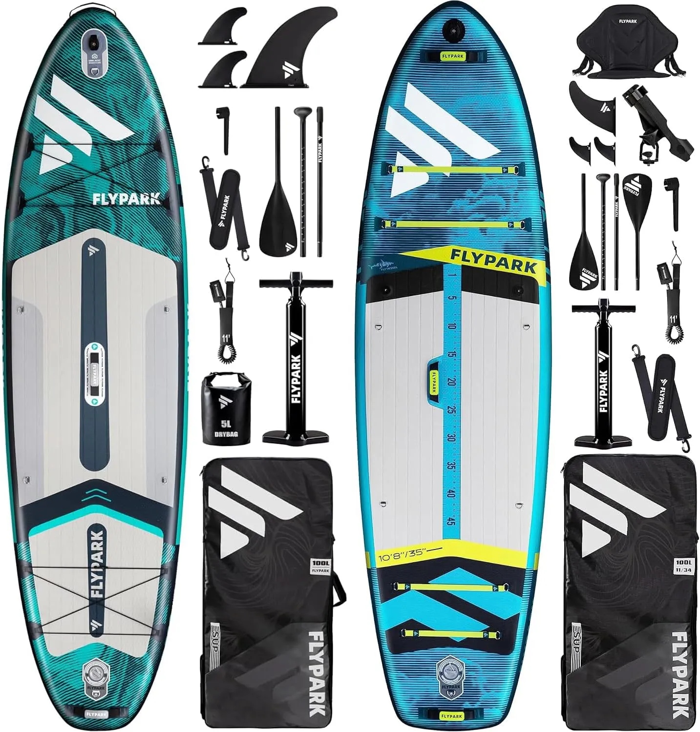 Fishing & Family Bundles10'8"/11'x35'' Extra Wide Inflatable SUP, 10'8" Fishing Stand Up Paddle Board   11 Family SUP Board, Double Accessories 116L Backpack, Shoulder Strap, 2-Action Pump