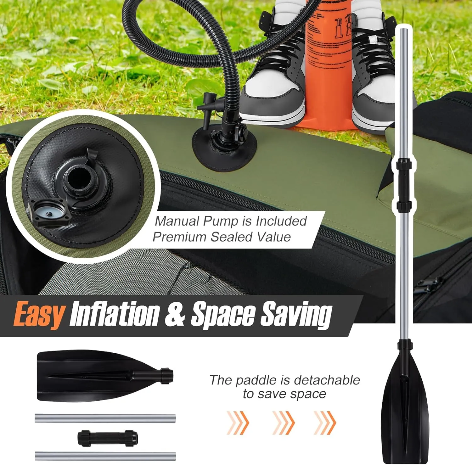 GYMAX Fishing Float Tube, 350lbs Inflatable Fishing Boat with Paddle, Pump, Flippers, Fish Hook Stators, Fish Ruler, Storage Pockets, Portable Backpack Belly Boat for Adults Fishing