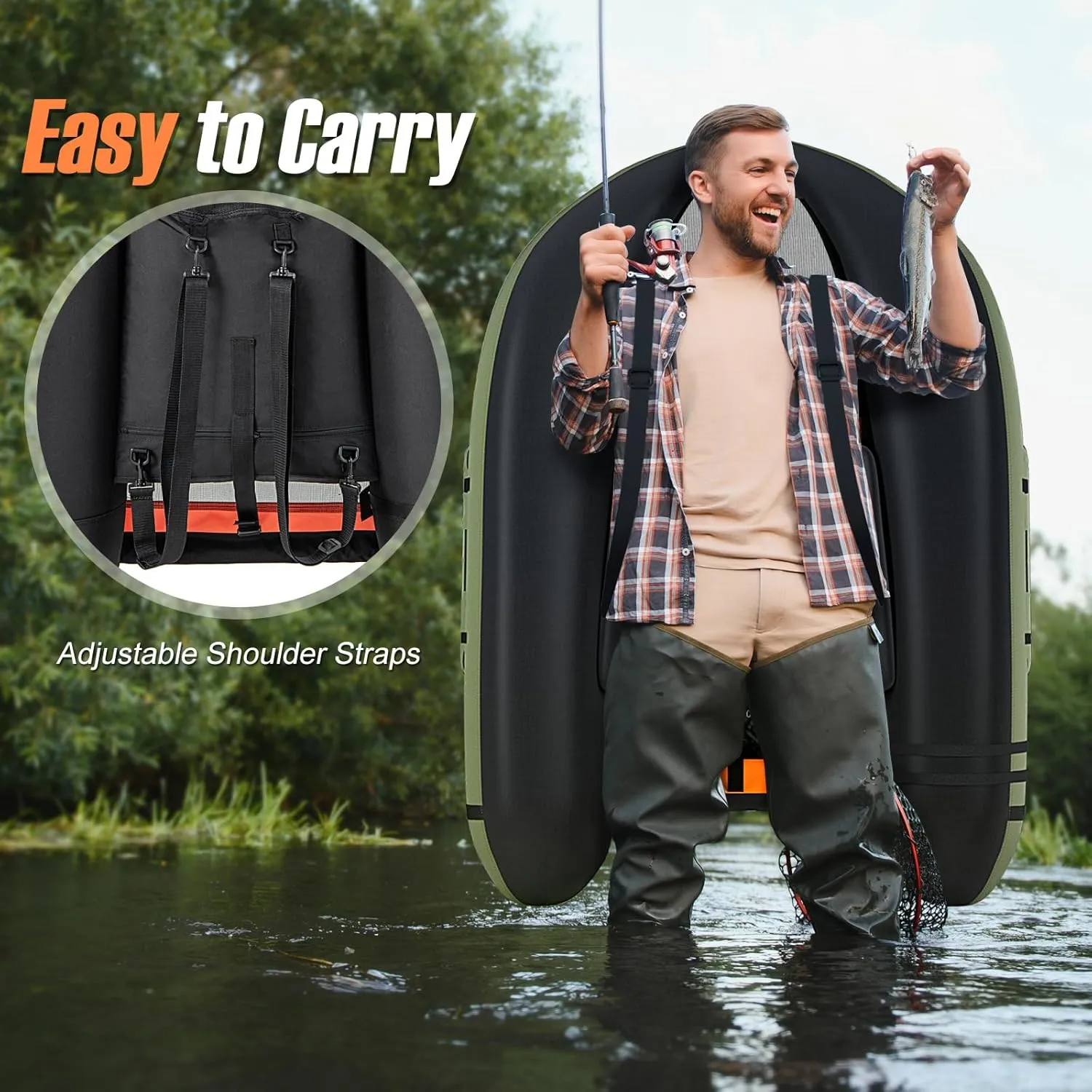 GYMAX Fishing Float Tube, 350lbs Inflatable Fishing Boat with Paddle, Pump, Flippers, Fish Hook Stators, Fish Ruler, Storage Pockets, Portable Backpack Belly Boat for Adults Fishing