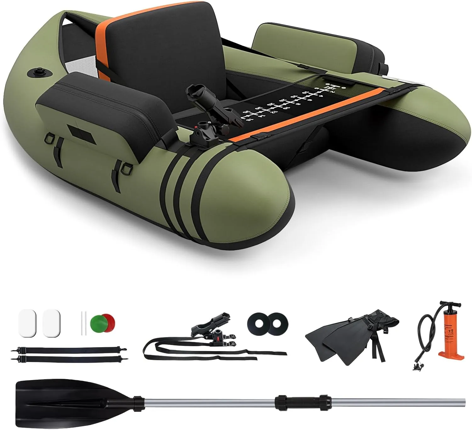 GYMAX Fishing Float Tube, 350lbs Inflatable Fishing Boat with Paddle, Pump, Flippers, Fish Hook Stators, Fish Ruler, Storage Pockets, Portable Backpack Belly Boat for Adults Fishing