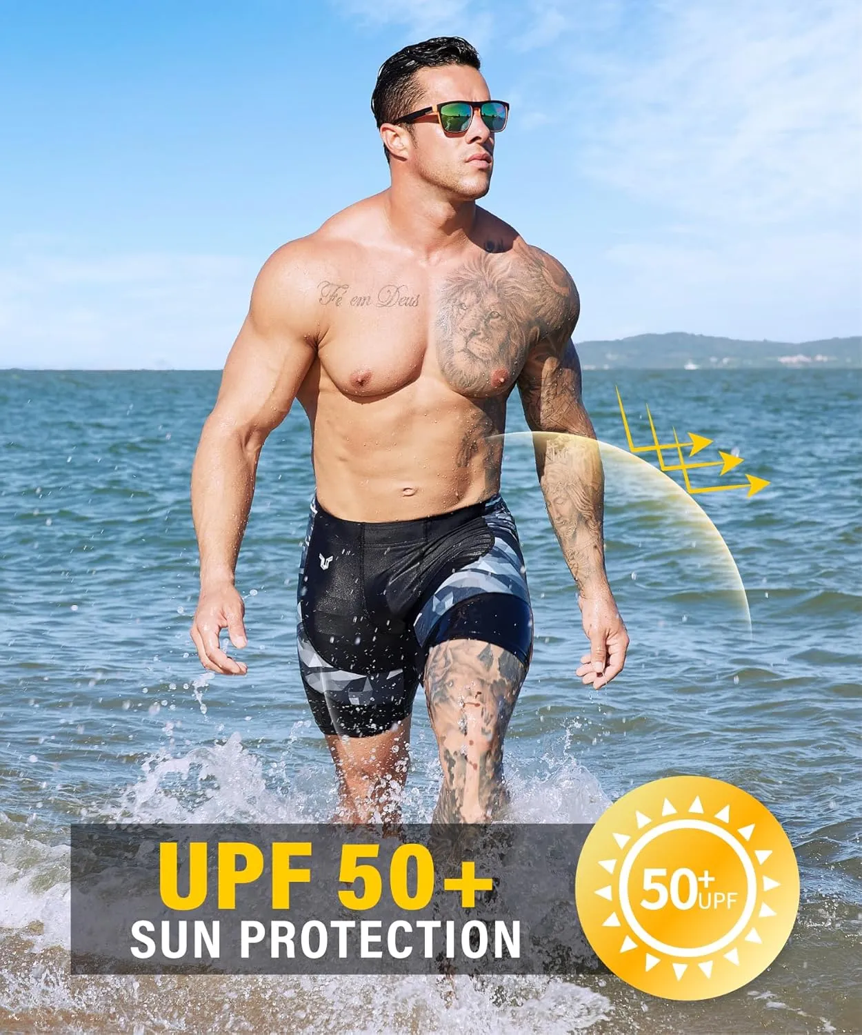 HUGE SPORTS Men's Rash Guard Swim Shorts Compression Swimming Jammer Cool Dry Active Swimsuit Workout Shorts Sports Tights
