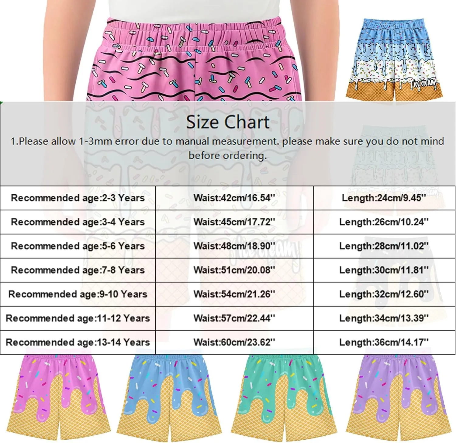 Ice Cream Shorts Boys Swim Trunks Elastic Waist with Pockets Summer Cool Cute Preppy Ice Cream Drip Baseball Shorts