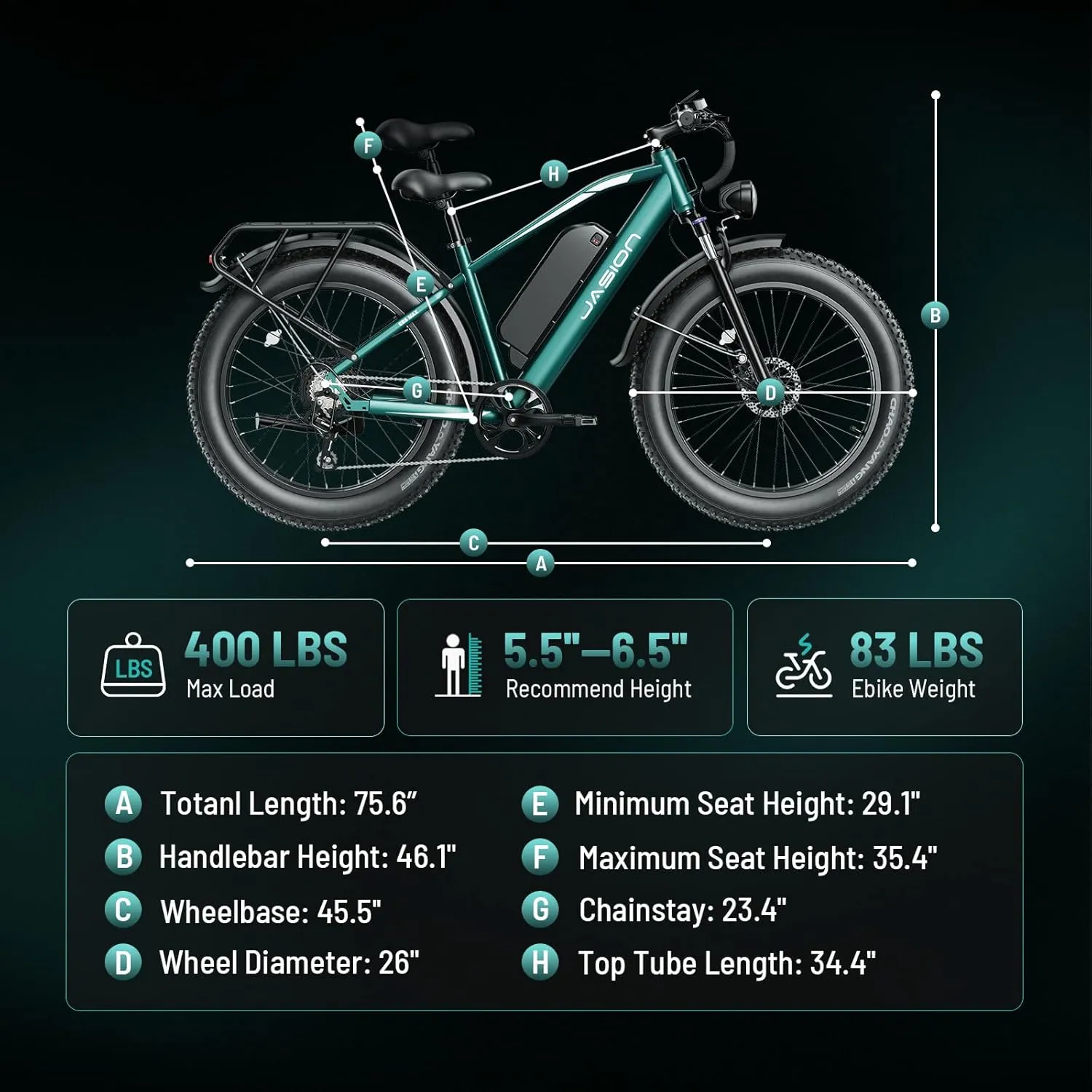 Jasion EB5 MAX Electric Bike for Adults with 1500W Peak Motor, 48V 15Ah (720Wh) Battery Electric Mountain Bike, 26'' x 4'' Fat Tire Ebike, 28 MPH Speed, Cruise Control, with Fenders, Rear Rack