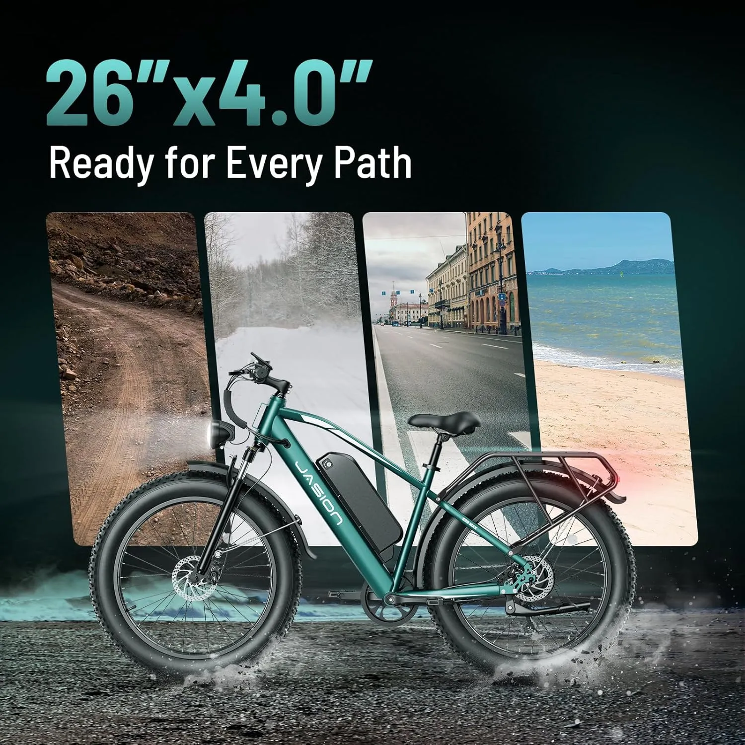 Jasion EB5 MAX Electric Bike for Adults with 1500W Peak Motor, 48V 15Ah (720Wh) Battery Electric Mountain Bike, 26'' x 4'' Fat Tire Ebike, 28 MPH Speed, Cruise Control, with Fenders, Rear Rack