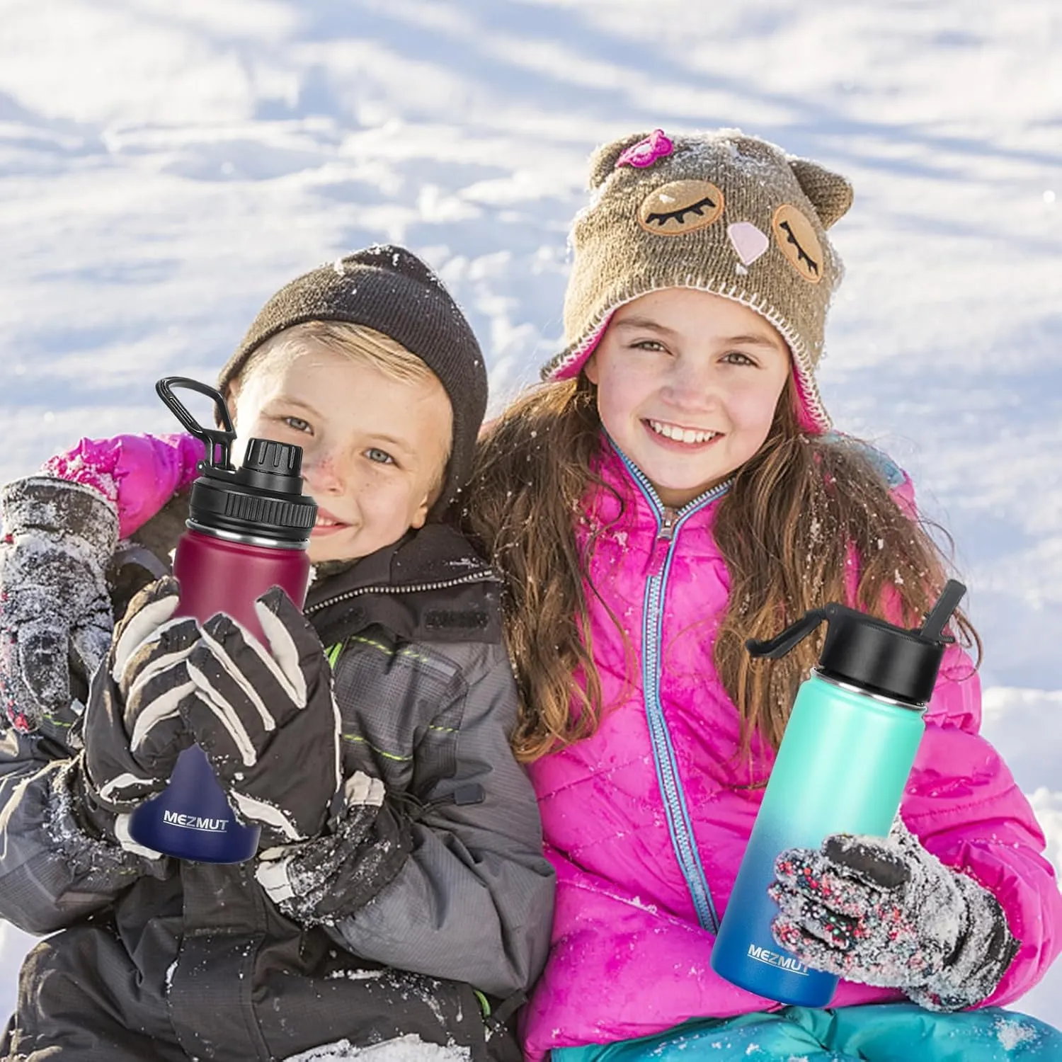 MEZMUT 18oz Insulated Water Bottle with Straw&3 Lids Stainless Steel Water Bottles Kids Metal Thermos Water Bottle Cup for School Vacuum Insulated Bottles Leak-Proof Travel Thermal (Gradient Red Blue)