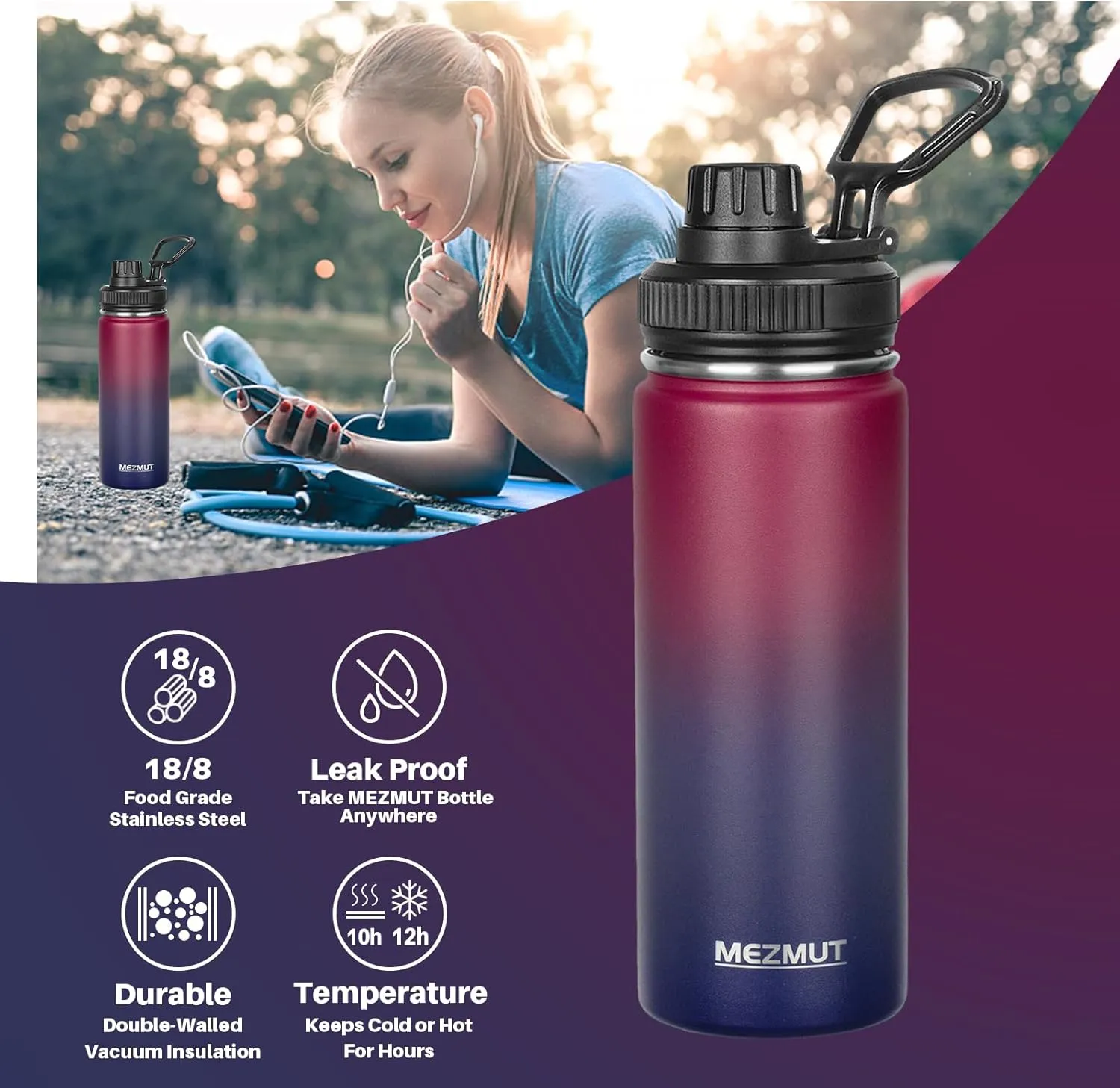 MEZMUT 18oz Insulated Water Bottle with Straw&3 Lids Stainless Steel Water Bottles Kids Metal Thermos Water Bottle Cup for School Vacuum Insulated Bottles Leak-Proof Travel Thermal (Gradient Red Blue)