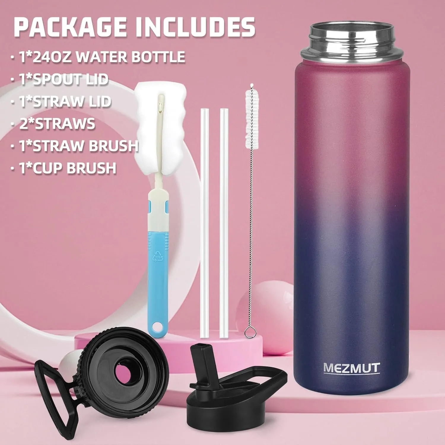 MEZMUT 18oz Insulated Water Bottle with Straw&3 Lids Stainless Steel Water Bottles Kids Metal Thermos Water Bottle Cup for School Vacuum Insulated Bottles Leak-Proof Travel Thermal (Gradient Red Blue)