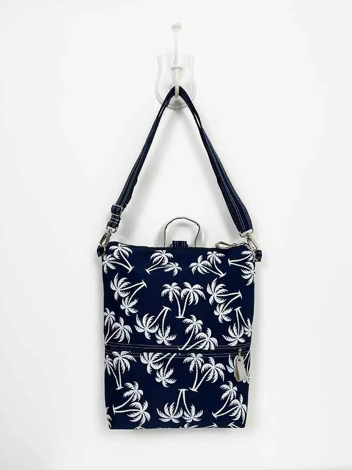 Navy Blue Palm Tree Design Slim Backpack, Womens Designer Rucksack