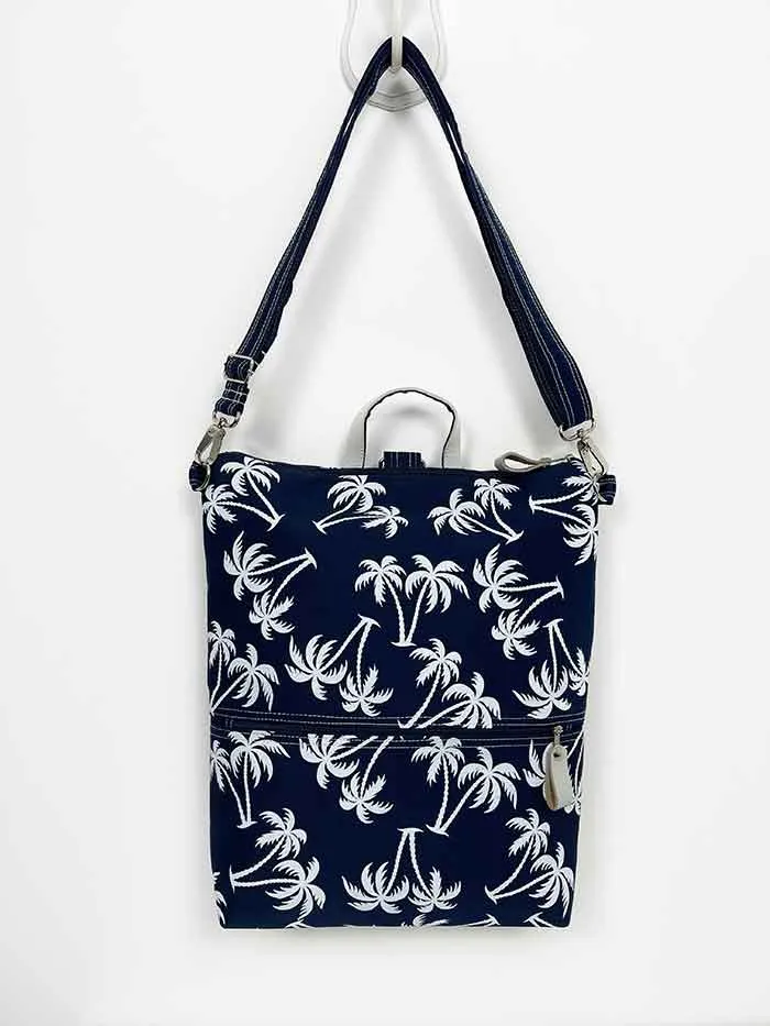 Navy Blue Palm Tree Design Slim Backpack, Womens Designer Rucksack