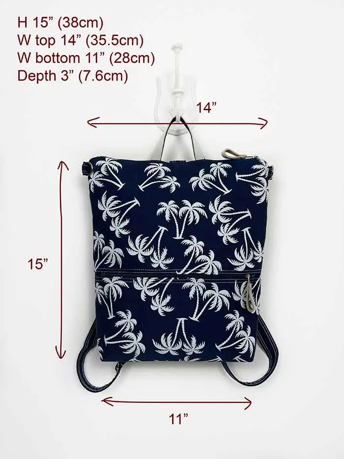 Navy Blue Palm Tree Design Slim Backpack, Womens Designer Rucksack