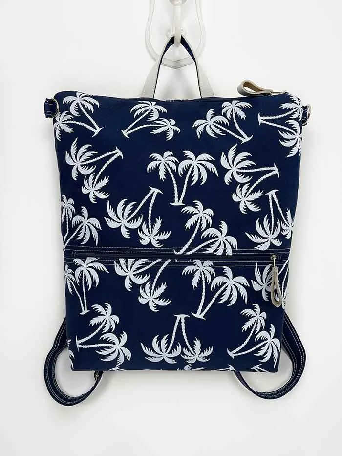 Navy Blue Palm Tree Design Slim Backpack, Womens Designer Rucksack