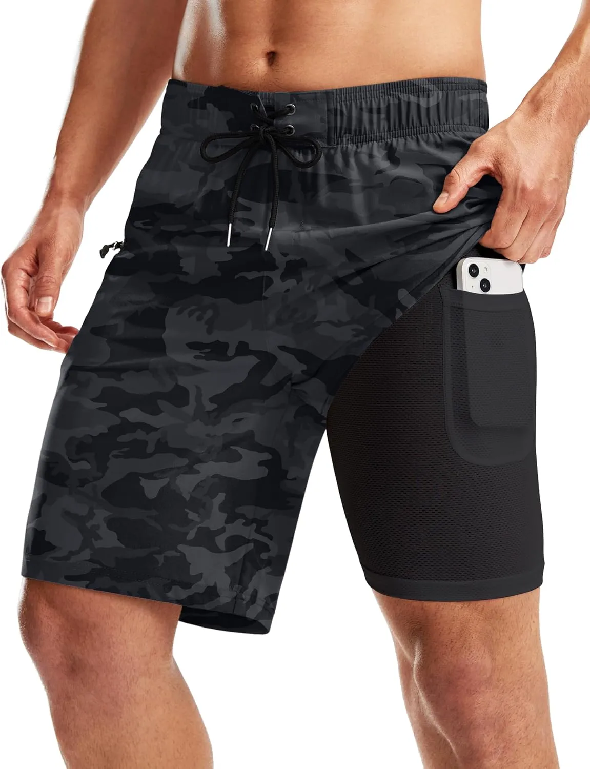 Pinkbomb Men's Swim Trunks with Compression Liner 9 Inch Quick Dry Swimsuit Swimming Swim Board Shorts for Men with Pockets