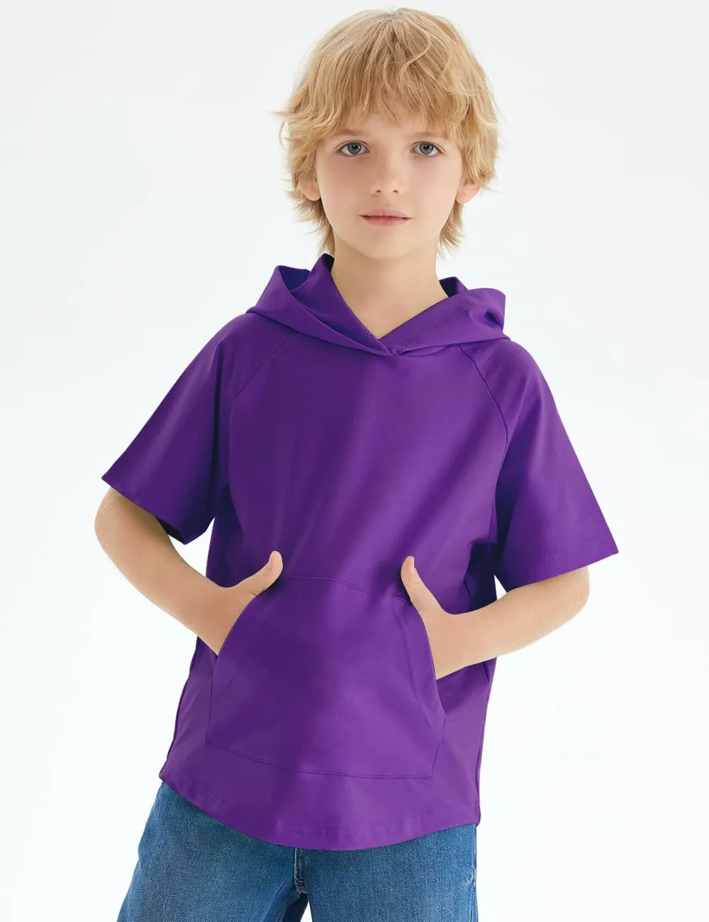 Spring&Gege Boys Light Weight Short Sleeve Hoodie Casual Solid Pullover Hooded T-shirt with Pocket