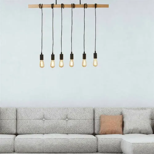 Woody 6 Light Bar Pendant - Wood & Black Metal